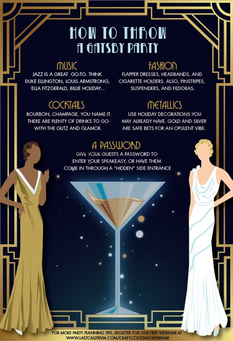 Looking to throw the ultimate Gatsby party this holiday season? Here are all the tips you need to make your party the bees knees! #gatsby #gatsbyparty #partyplanning #1920sparty #speakeasy 1920 Party Drinks, 1920 Bday Party, Great Gatsby 20th Birthday Party, Great Gatsby New Year Party, 1920 Prohibition Party, Great Gatsby Theme Birthday Party, Grate Gatsby Party Ideas, Formal Birthday Party Themes, Classy 1920s Party