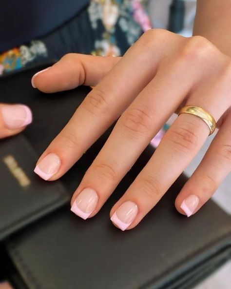 Light Pink French Tip Nails Square Short, Light Pink French Tips Square, Light Pink French Tip Square, Short Light Pink French Tip Nails, Square French Tips Short, Small Square French Tip Nails, Square French Nails Short, Short Square Pink French Tip Nails, Square French Tip Short