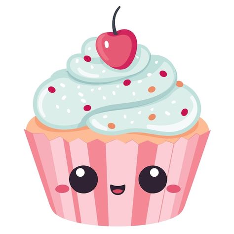 Hand drawn cupcake cartoon kawaii cupcak... | Premium Vector #Freepik #vector #strawberry-watercolor #strawberry-illustration #watercolor-fruit #juice Cupcake Cartoon Cute, Cupcake Images Clip Art, Cupcake Vector Illustration, Cake Cartoon Aesthetic, How To Draw Cute Food, Cupcake Illustration Cute, Cute Fruits Drawings, Cute Cake Drawing, Happy Birthday Grandma Quotes