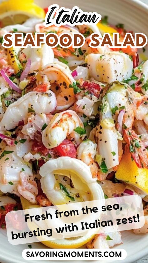 Bursting with fresh shrimp, calamari, and a tangy lemon dressing, this seafood salad is light, refreshing, and full of Italian flavor. Ideal for summer meals or special occasions.  Craving something new? Get the recipe here  #ItalianSalad #SeafoodLovers #MediterraneanFlavors #HealthyMeals #ItalianCooking #QuickAndEasy #FreshIngredients #SaladRecipes #SeafoodDelight #SimpleMeals Seven Fishes Seafood Salad, Fish Salad Recipe Italian, Amazing Seafood Recipes, Italian Crab Salad, Italian Calamari Salad, Cold Seafood Dishes, Seafood Lettuce Salad, Seafood Salad Recipes Cold, Salads For Fish Dishes