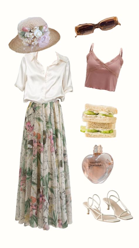 An outfit perfect for tea in the garden <3 #maxiskirt #outfitinspo #outfit #garden #gardenaesthetic #floral #teaparty #teapartyatthecottagevibes #french #frenchaesthetic Tea Garden Party Outfit, Ladies Tea Party Outfit, Boho Tea Party Outfit, Garden Tea Party Outfits For Women, Garden Party Outfit Ideas, Floral Tea Party Outfit, Tea Time Aesthetic Outfits, British Tea Party Outfit, Teaparty Brunch Outfit Ideas