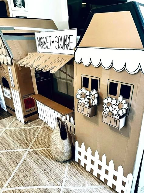 Creative Cardboard Box Ideas, Diy Cardboard Neighborhood, Card Board Play House, Cardboard Box Birthday, Card Board Box Craft, Cardboard Town Diy, Box Playhouse Cardboard, Cardboard Restaurant For Kids, Craft Cardboard Box Ideas