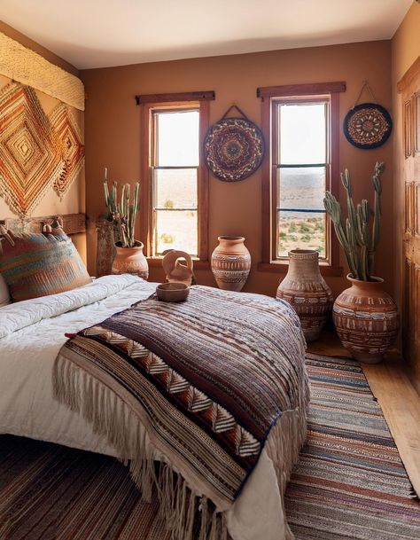 Decorative Pottery Vintage Southwestern Decor, New Mexico Style Bedroom, Native American Inspired Decor, Native American House Decor, Santa Fe Bedroom Ideas, Mexican Interior Design Bedroom, Western Guest Room, Southwest Cottagecore, Adobe House Decor