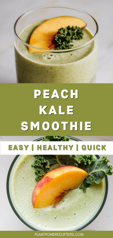 Are you looking for an easy yet healthy peach kale smoothie? Look no further! This is an easy smoothie recipe that also works great as a vegan protein smoothie if you add some protein powder. Optionally, add spinach or kale for an even healthier twist. Enjoy! Kale Breakfast Smoothie, Kale Spinach Smoothie, Spinach And Kale Smoothie, Kale Smoothie Recipes Flat Belly, Green Goddess Smoothie Recipe, Chemo Smoothies, Morning Drinks Healthy, Kale Protein Smoothie, Breakfast Protein Smoothie