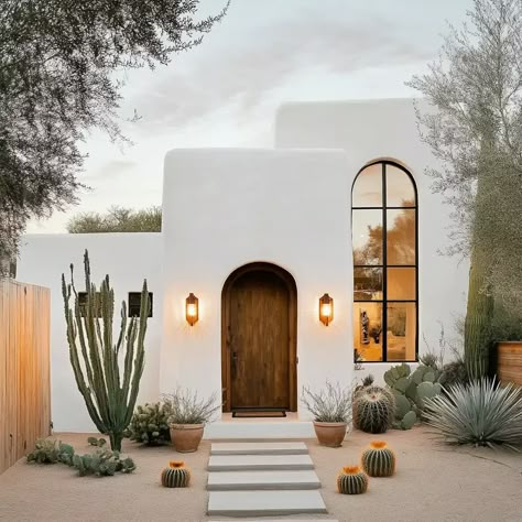 Backyard She Sheds | 35 Ideas to Inspire Your Own Retreat Rock Cladding Exterior, Dessert Home Exterior, Desert Modern Exterior, Arizona Modern Home, Desert Home Exterior Paint Colors, White Spanish House, Desert House Exterior, Desert Home Exterior, Stucco House