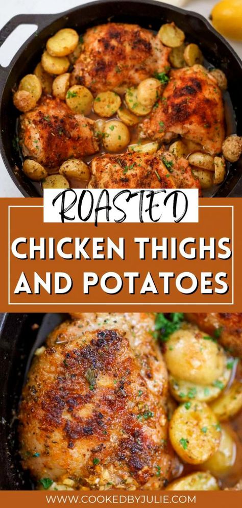 These oven roasted chicken thighs and potatoes cook perfectly in one skillet. The chicken is juicy on the inside and crispy on the outside while the potatoes are buttery and tender! Your family will love this delicious flavorful meal! The best part about this recipe is that it’s an entire meal but you can serve it with veggies on the side as well. Click through for all the details. Chicken Thighs And Potatoes, Chicken Thighs Boneless Skinless, Oven Roasted Chicken Thighs, Healthy Chicken Thigh Recipes, Chicken Thights Recipes, Cowboy Copper, Roasted Chicken And Potatoes, Mom Cut, Roasted Chicken Thighs