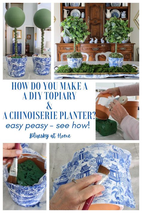 Make a Chinoiserie Planter for a Handmade Topiary. Transform ordinary planters into works of art with decoupage and handmade topiaries. Dive into my DIY guide for crafting your own Chinoiserie-inspired décor. Then use styrofoam balls and greenery to make topiaries from scratch. Use this creation to bring color, pattern and style to your home. Christmas Diy Topiaries, Diy Blue And White Decor, Diy Chinoiserie Planter, Diy French Decor, Blue And White House Decor, Diy Chinoiserie Painting, Chinoiserie Crafts, Front Porch Topiary Ideas, Chinoiserie Centerpiece