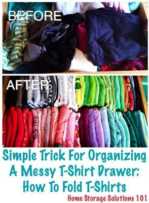 how to fold t-shirts: simple trick for organizing your shirt drawer How To Organize Tshirts In Drawers, How To Fit More Clothes In Drawers, Organize Tshirts In Drawer, Organize Tshirts Shelf, Deep Drawer Organization Clothes, Fold Clothes In Drawers, Tshirt Storage Ideas, Tshirt Organization Ideas, T Shirt Storage Ideas