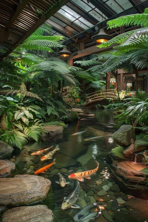 Indoor Coy Pond, Japanese Conservatory, Greenhouse Pond, Pond Indoor, Indoor Pond Ideas, Japanese Koi Pond, Internal Garden, Meditation Gardens, Ponds Ideas