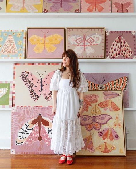 Liz Lidgett Gallery + Design on Instagram: "As she put it, @elsielarson is in her art era. And we’re so excited to be apart of it. Elsie Larson is now a represented artist at the gallery! Her collection of beautiful, playful moths will be debuted in our next group show opening April 19. Join presale for first dibs in our stories!" Art Room Inspiration, Elsie Larson, Art Eras, Photo Shoot Poses, Shoot Poses, Gallery Design, Brand Image, April 19, Crafts Projects