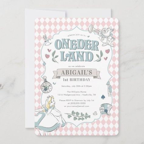 Alice in Wonderland | Onederland First Birthday Invitation Disney Birthday Invitations, Vintage Birthday Invitations, Alice In Wonderland Invitations, Alice In Wonderland 1, Alice In Onederland, Wonderland Invitation, Birthday 1st, Girls Birthday Party Ideas, Alice In Wonderland Tea Party Birthday