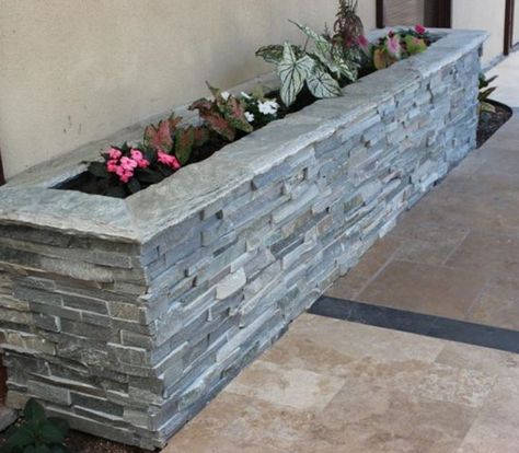 Hardscaping with Natural Stone Ledger Stone, Brick Planter, Stacked Stone Panels, Stone Tile Backsplash, Sierra Blue, Metal Garden Beds, Stone Planter, Modern Backyard Landscaping, Stone Planters