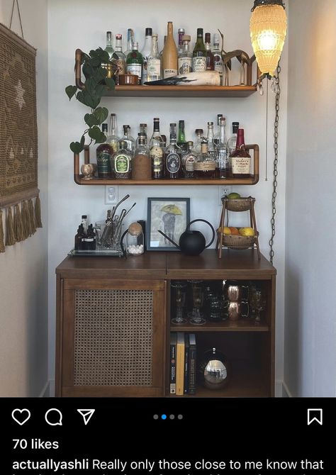 Shelves Over Bar Cabinet, Boho Bar Area In Home, Minibar Living Room, Bar Cart Diy Wooden, Mini Bar Nook, Coffee Bar Eclectic, Vintage Bar Home, Bookshelf And Bar Combo, Kitchen Alcohol Bar Ideas