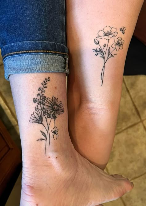 Bouquet Ankle Tattoo, Ankle Flower Bouquet Tattoo, Ankle Birth Flower Tattoo, Birth Month Flower Tattoo Placement, Birth Flower Tattoo Ankle, Birth Flower Bouquet Tattoo Placement, Wildflower Ankle Tattoo, Birth Flower Tattoos Placement, Ankle Flower Tattoo