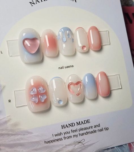 Blue Pink Nails, Nails Pink And Blue, Nails Heart Design, Blue And Pink Nails, Pink And Blue Nails, Pink Blue Nails, Nail Heart, Nail Cute, Fake Nails Designs