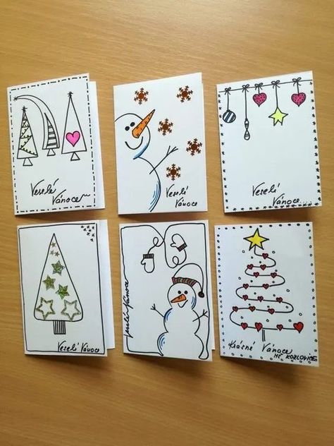 Handdrawn Christmas Card Ideas, Cute Diy Christmas Cards, Homemade Christmas Card Ideas, Calendar Advent, Diy Holiday Cards, Fun Christmas Cards, Christmas Cards Kids, Simple Christmas Cards, Christmas Doodles