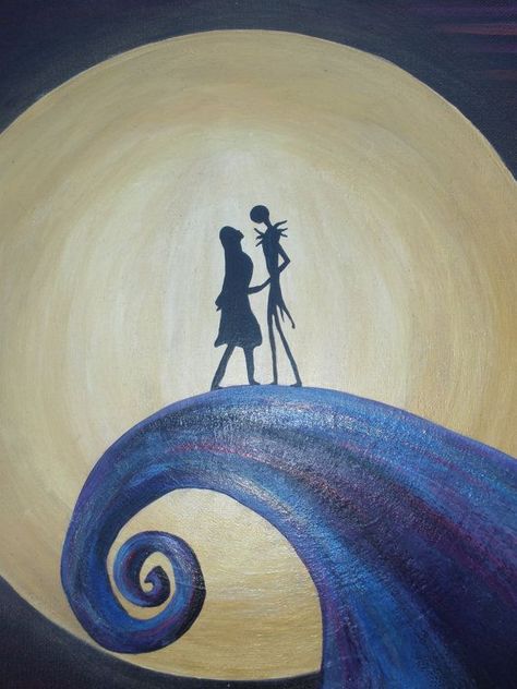 We're Simply Meant To Be... Nightmare Before Christmas Painting, Jack Y Sally, Tim Burton Art, Christmas Paintings On Canvas, Moon Wall Art, Moon Painting, Christmas Painting, Halloween Painting, Christmas Canvas