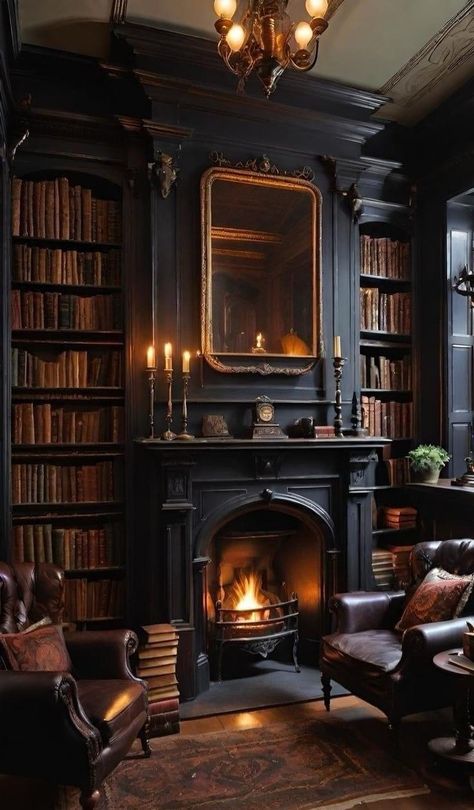 Massive Fireplace Ideas, Classic Home Library Design, Dark Academia Bedroom Ideas, Dark Academia Interior, Dark And Moody Interiors, Gothic Living Room, Practical Home Decor, Home Library Rooms, Victorian Home Decor