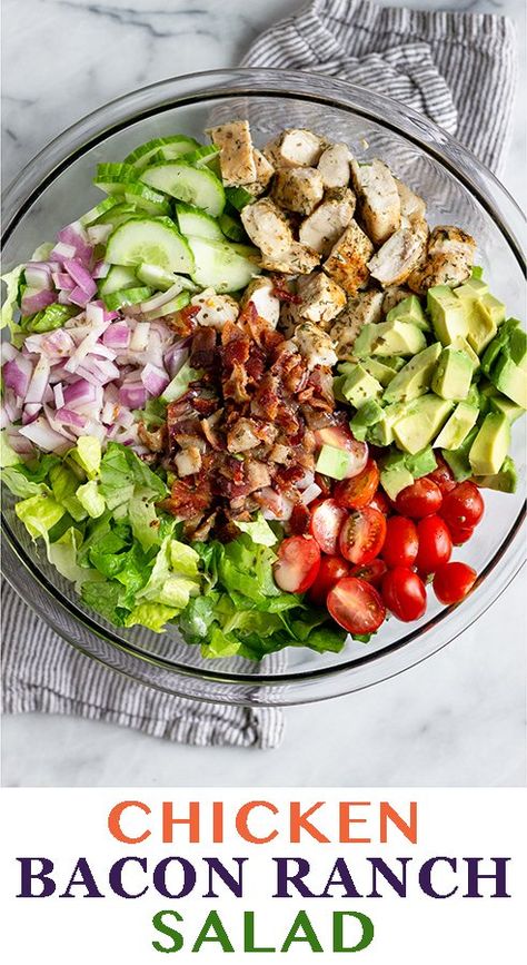 Chopped chicken bacon ranch salad made with fresh veggies, chicken, bacon, avocado, and tossed with ranch dressing. Super easy to make, comes together in 30 minutes, and perfect for BBQs, picnics, potlucks, or just a simple lunch or light dinner. Paleo and Whole30 - Eat the Gains Bacon Salad Recipes, Chicken Bacon Ranch Salad, Bacon Dinner Recipes, Bacon Ranch Salad, Bacon Baked Beans, Recipes With Bacon, Greek Chicken Pasta, Bacon Dinner, Whole30 Chicken