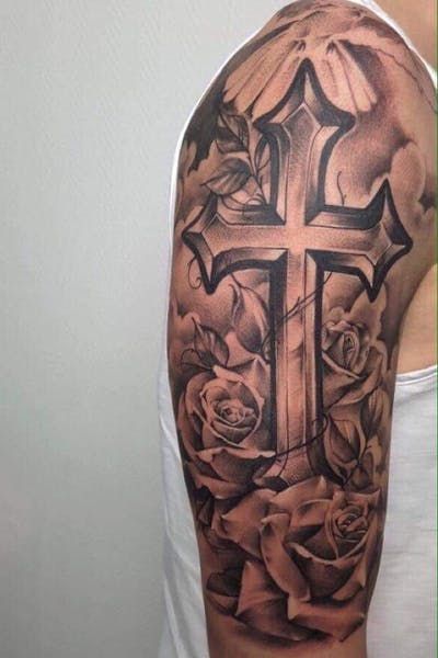 Cross Tattoo Shoulder, Arm Tattoos Cross, Cross Shoulder Tattoos, Unique Cross Tattoos, Bird Tattoo Men, Tattoos Cross, Shoulder Sleeve Tattoos, Cross Tattoo For Men, Tattoo Shoulder