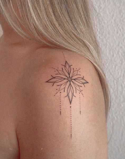 Boho Shoulder Tattoos For Women, Minimalistic Shoulder Tattoos For Women, Shoulders Tattoo Women, Chest Tats Women, Feminine Music Tattoos, Minimal Tattoo Shoulder Woman, Shoulder Tattoos For Women Ornament, Top Of Shoulder Tattoos For Women Unique, Lotus Chest Tattoo For Women