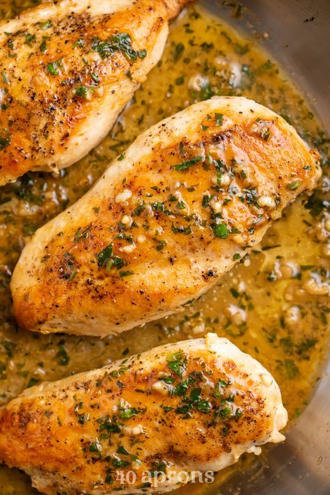 This is one of my most requested recipes when I'm cooking for family! Super easy to throw together but loaded with flavor, tender and moist chicken chicken breasts are swaddled in a delicious garlicky butter sauce. My husband's favorite meal ever. Sauteed Chicken Breast Recipes, Garlic Butter Chicken Breast, Sauteed Chicken Recipes, Chicken Breast Sauce, Garlic Sauce For Chicken, Sautéed Chicken, Moist Chicken Breast, Pan Seared Chicken Breast, Cooking For Family