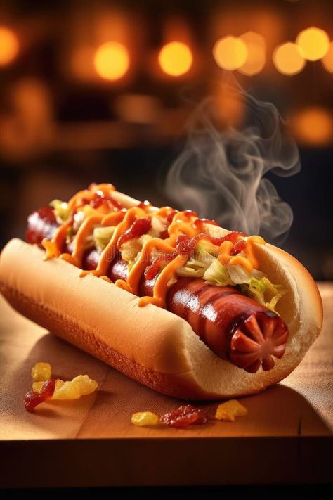 Delicious hotdog, sausage in bread close-up with smoke. Fast food. Menu stock image Hot Dog Pictures, Hotdogs Aesthetic, Fast Food Images, Hot Dog Photography, Fast Food Pictures, Food Marketing Ideas, Bbq Grill Logo, Fast Background, Fast Food Ads