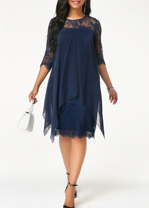 Three Quarter Sleeve Chiffon Overlay Navy Lace Dress | Rotita.com - USD $36.50 Gray Lace Dress, Purple Lace Dress, Navy Blue Lace Dress, Navy Lace Dress, Fashion Dresses Online, Chiffon Overlay, Vestido Plus Size, Lace Dress With Sleeves, Mother Of Groom