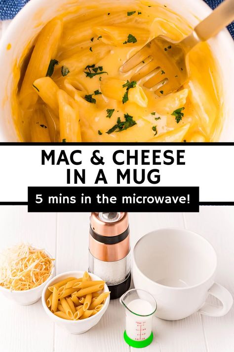 Short on time but want macaroni and cheese? This Mac and Cheese in a Mug takes only FIVE minutes to make in the microwave and will satisfy all cheesy cravings! | www.persnicketyplates.com Recipe In A Mug, Mac And Cheese Mug, Mac And Cheese Microwave, In A Mug Recipes, Make Mac And Cheese, Meals In A Mug, Rice Ideas, Persnickety Plates, 5 Minute Recipe