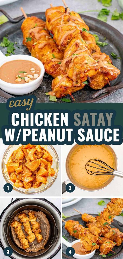 Whip up this easy and delicious Chicken Satay with Peanut Sauce for a quick, flavorful dinner! Perfect for weeknights or when you need a tasty meal without the fuss. #ChickenSatay #EasyRecipes Chicken Satay With Spicy Peanut Sauce, Indonesian Chicken Satay, Sate Chicken, Easy Chicken Satay, Easy Thai Peanut Sauce, Chicken Satay With Peanut Sauce, Peanut Sauce Chicken, Peanut Satay Sauce, Chicken Satay Recipe