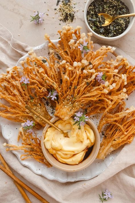 Crispy Fried Enoki Mushrooms | This Little Plate. Enoki Mushroom Recipe, High Protein Recipe, Enoki Mushrooms, Table For One, Mushroom Appetizers, Asian Appetizers, Cultural Food, Tempura Batter, Protein Recipe