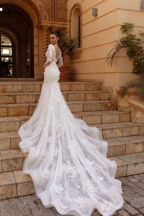 Timeless Beauty | Long-Sleeved Open-Back V-Neck Wedding Dress | Flowing Train with Flowers | Whimsical and Romantic | Marelli Exclusive Long Sleeve Lace Wedding Dress A Line, Mermaid Wedding Dress Long Train, Wedding Dress With Tail, Wedding Dresses With Long Train, Cathedral Train Wedding Dress, Mermaid Wedding Dress With Train, Wedding Dress Long Train, Zion Wedding, Wedding Dress With Open Back