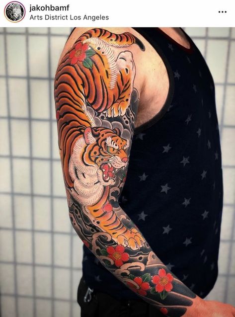 Neo Traditional Japanese Tattoo Sleeve, Japanese Tiger Sleeve, Japanese Tiger Tattoo Sleeve, Arm Tattoos Japanese, Traditional Japanese Tattoo Sleeve, Traditional Tiger Tattoo, Japanese Leg Tattoo, Dynamic Tattoo, Wing Tattoo Men