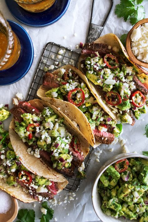 Spiced Flank Steak Tacos with Avocado Salsa - The Original Dish Steak Taco Recipe, Steak Taco, Marinade Flank Steak, Flank Steak Tacos, The Original Dish, Tacos With Avocado, Avocado Salsa Recipe, Easy Taco Recipes, Marinated Flank Steak