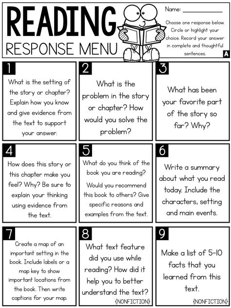 3rd Grade Journal Topics, Daily 5 5th Grade, Readers Response Prompts, Reading Questions For Any Book, 3rd Grade Reading Projects, Grade 3 Literacy Activities, Reading Comprehension Fourth Grade, Reading Menus For 3rd Grade, Teaching Reading Comprehension 3rd Grade