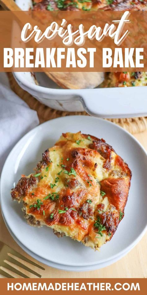 Discover a fun twist on breakfast with this sausage & croissant breakfast casserole—mix croissants, sausage and eggs for brunch perfection! Sausage Breakfast Casserole With Croissant, Egg And Croissant Brunch Bake, Easy Breakfast Casserole With Croissants, Sausage Egg Croissant Casserole, Breakfast With Sausage Links, Crossiant Casserole Recipes, Crossant Recipes Casserole, Croissant Egg Casserole, Croissant Casserole Breakfast