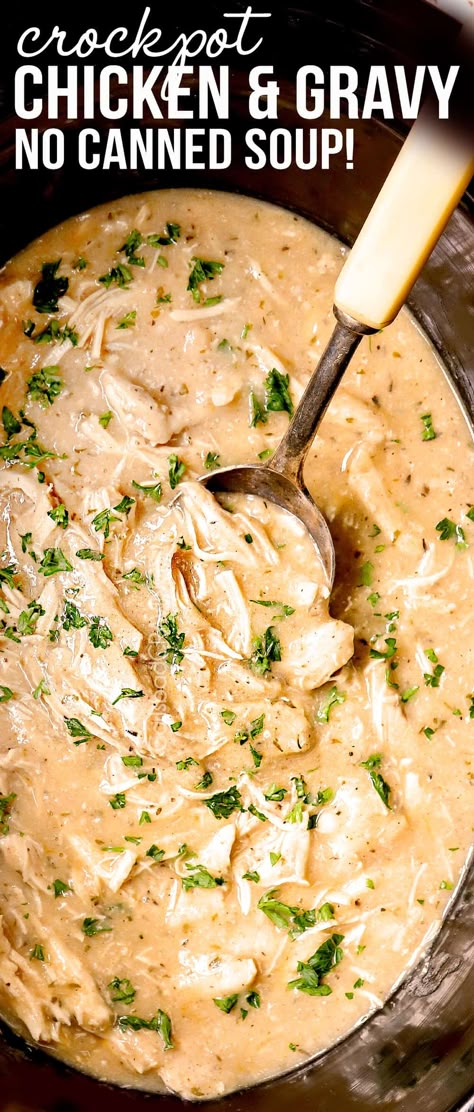 BEST Crockpot Chicken and Gravy (NO Condensed Soup!) Best Crockpot Chicken, Crockpot Chicken And Gravy, Chicken And Gravy, Condensed Soup, Carlsbad Cravings, Homemade Gravy, Chicken Gravy, Chicken Crockpot, Crockpot Cooking