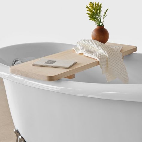 A Relaxing Bath Accessory: The Citizenry Hinoki Wood Bath Caddy Homey Aesthetics, Master Bath 2023, Candle Photography Inspiration, Wood Bath Mats, Bathroom Textiles, Newport Beach House, Bath Stool, Tub Tray, Bath Board