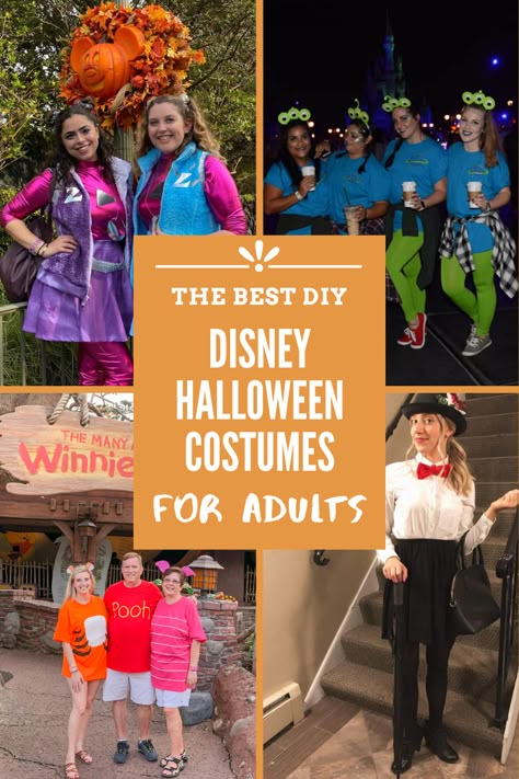 Fun and unique Disney Halloween Costumes for Adults - full list of ideas with clickable links! Easy Disney Family Costumes, Disney Characters Costumes Ideas, Fun Disney Costumes, Disney Custome Ideas, Halloween Costumes For Disney World, Quick Disney Costumes Last Minute, 90s Disney Costumes, Disney Halloween Group Costumes, Funny Disney Halloween Costumes