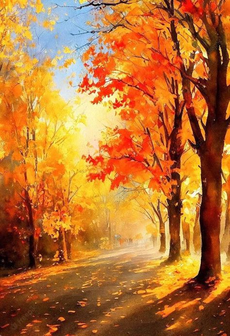 Fall Landscape Paintings Autumn, Autumn Forest Watercolor, Autumn Forest Art, Autumn Painting Acrylic, Autumn Watercolor Paintings, Autumn Art Painting, Autumn Painting Ideas, Fall Forest Painting, Fall Trees Painting