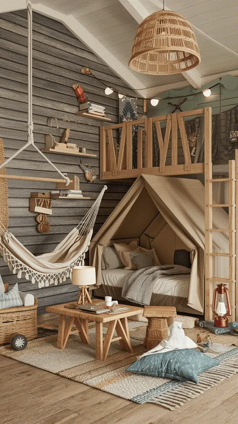 Spark Adventure! The Ultimate Camping-Themed Kid’s Room Guide Kids Bedroom Bunk Beds, Jungle Boys Room, Cool Toddler Beds, Kids Room Jungle, Camping Bedroom, Themed Kids Room, Cool Kids Rooms, Outdoor Exploration, Kids Bedroom Inspiration