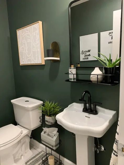 23 Colorful Bathroom Paint Color Ideas & Wall Projects You Will Love To Copy - Drop By My Home Forest Green And Grey Bathroom, Dark Green And Black Bathroom Ideas, Black White Sage Bathroom, Sage Green Bathroom Black Fixtures, Forest Green Half Bathroom, Dark Green Bathroom Ideas Paint, Forest Green Powder Room, Green Bathroom Black Floor, Pewter Green Powder Room