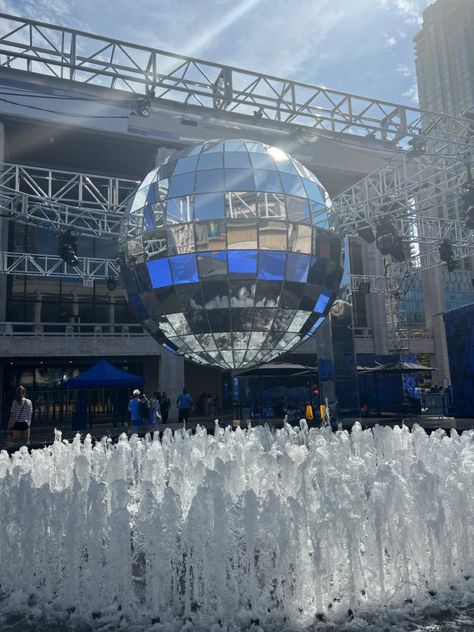 Giant disco ball hanging over a water fountain at the Lincoln center for preforming arts near julliard on the upper wesr side of NYC (new york city) Giant Disco Ball, Lincoln Center Nyc, Lincoln Center, Afro Punk, Disco Ball, Water Fountain, Dream Life, Sydney Opera House, New York City