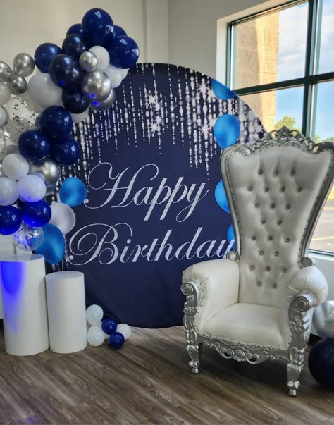 Royal Blue and Silver Birthday Backdrop 50th Birthday Blue And Silver, Blue And Silver Debut Theme, Different Shades Of Blue Birthday Party, Midnight Blue And Silver Quinceanera Theme, Sweet 16 Party Ideas Royal Blue And Silver, Blue And Silver 50th Birthday Ideas, Royal Blue Backdrop Ideas, Royal Blue And Silver Birthday Decor, Blue Birthday Set Up