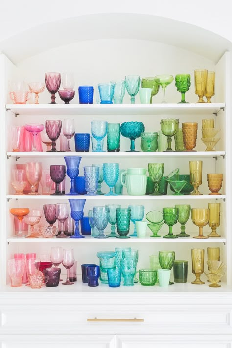 Elsie Larson for Domino Magazine ©AlyssaRosenheck Rainbow Glassware, Deco Pastel, Elsie Larson, Domino Magazine, Colored Glasses, Country Living Magazine, Kitchen Hacks Organization, Colored Glassware, Décor Boho