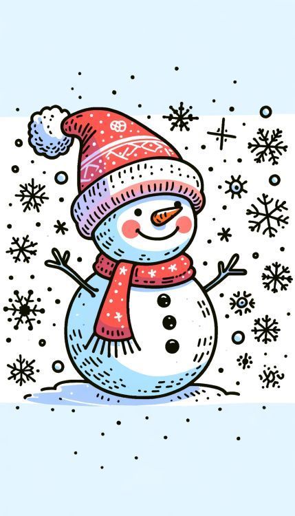 This image features a festive snowman in the midst of gently falling snowflakes. The snowman is smiling, sporting a patterned red and white hat and a matching red scarf. With a carrot nose and coal-like eyes and mouth, it stands with its stick arms open wide, embodying the joy of a snowy day against a backdrop peppered with various snowflakes. Cartoon Snowman Cute, Simple Snowman Drawing, Snowmen Drawings For Kids, Snowmen Illustration, Snowman Drawing For Kids, Christmas Snowman Drawing, Snowball Drawing, Cute Snowman Drawing, Snowman Drawings