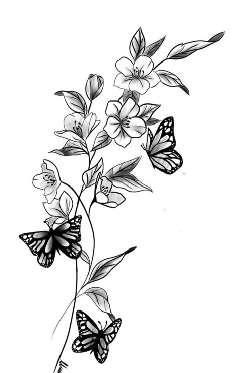 Butterflies And Cherry Blossom Tattoo, Butterfly Leg Tattoos, Butterfly Sleeve Tattoo, Tattoo Papillon, Butterfly Thigh Tattoo, Tattoos On Arm, Rose And Butterfly Tattoo, Butterfly With Flowers Tattoo, Butterfly Tattoo Stencil