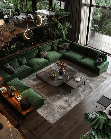 67 Modern Green Living Room Design and Decor Ideas for Inspiration – CreativeBooster Dark Green Black And White Living Room, Home Green Aesthetic, Rooms With Emerald Green Sofa, Hunter Green Apartment Decor, Jade Interior Design, Emerald Green Home Decor Living Rooms, Dark Green Home Design, Interior Design Lounge Room, Bottle Green Sofa Living Room Ideas