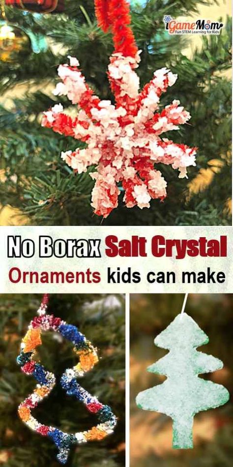 Grow salt crystal ornaments at home, so easy kids can make them at home. So fast, you don't have to wait over night to see the effect. Just regular table salt, pipe cleaner, contruction paper. No borax. Fun STEAM holiday project to learn science chemistry solubility and saturation Crystal Christmas Ornaments, Kids Science Experiments, Learn Science, Growing Crystals, Christmas Science, Steam Learning, Kid Science, Crystal Christmas Tree, Crystal Christmas