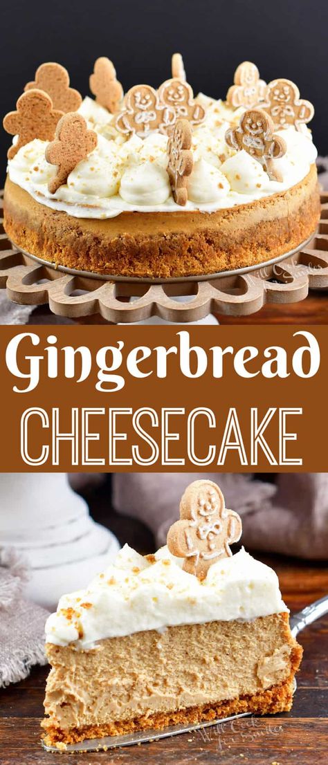 Gingerbread Cheesecake is another great holiday cheesecake with the flavors of one of your favorite festive cookies! Flavors Of Cheesecake, Christmas Theme Cheesecake, Gingerbread Cookie Cheesecake, Gingerbread Cookie Crust, Candy Cane Cheesecake Recipes, Ginger Bread Cheesecake Recipes, Christmas Themed Cheesecake, Different Flavor Cheesecake Recipes, Christmas Strawberry Cheesecake